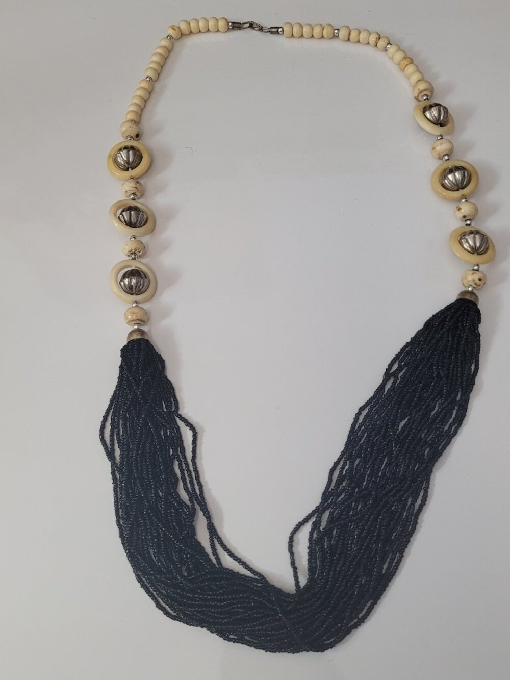 Black, Beige, and Silver Beaded Chunky Necklace